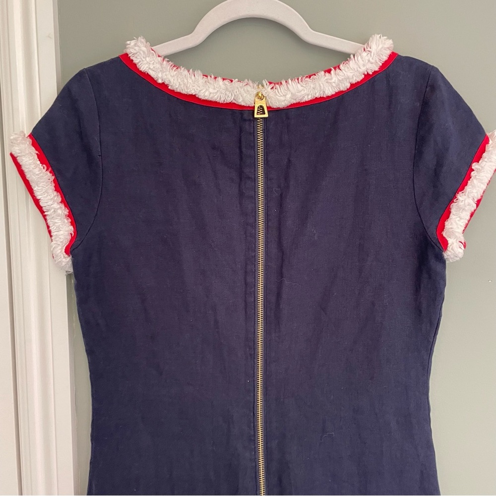 Sail to Sable 100% Linen Navy Blue Red White Fringe Trim Mini Shift Dress 4 - Picture 6 of 13